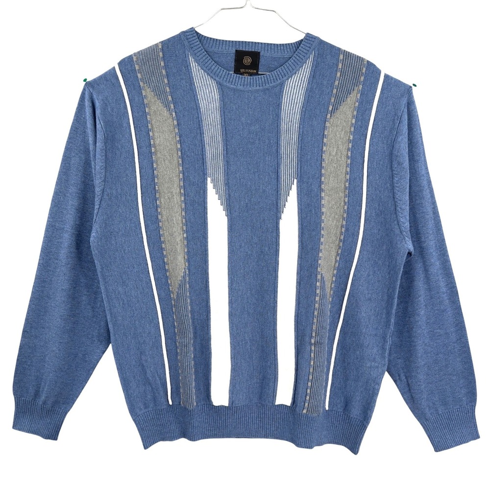 FX‎ Fusion Men's Blue Abstract Geometric Crewneck Knit Sweater Cosby Size XL